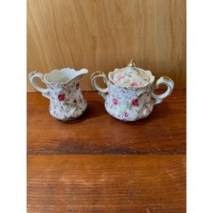 Vintage Lefton Rose Chintz Creamer and Sugar Bowl With Lid ~Excellent Condition